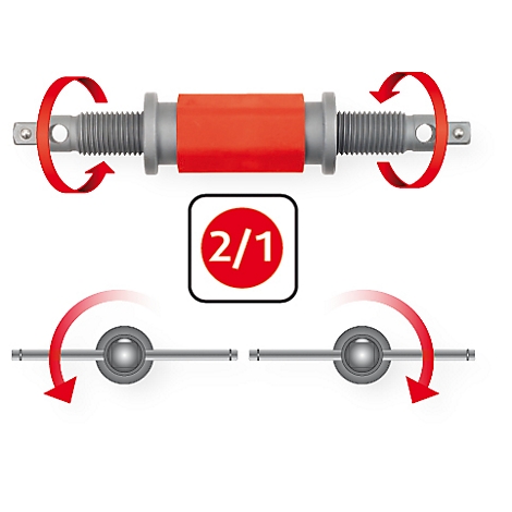 Auf weißem Grund: Werkzeug mit roten Pfeilen, die Drehbewegungen symbolisieren. In einem Feld steht 2/1.